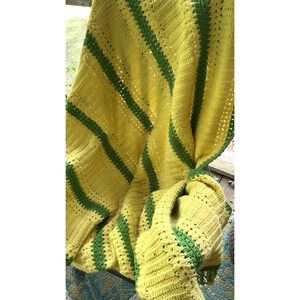 Yellow Green Crochet Afghan Cover Blanket 71" x 56" Striped Handmade Couch Throw